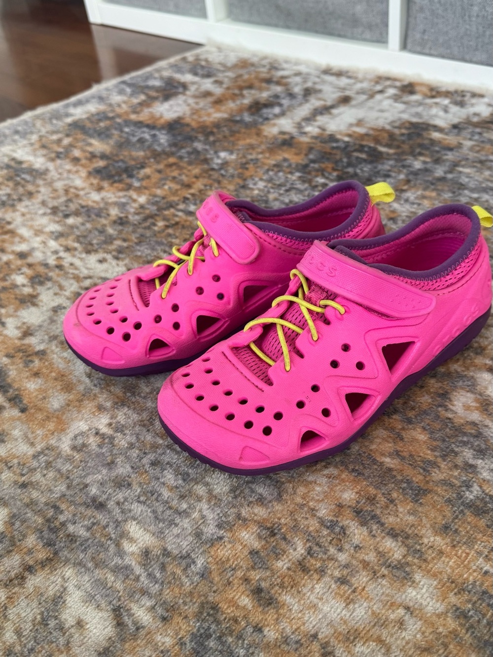 CROCS Kids Hot Pink Water Shoes with Yellow Laces